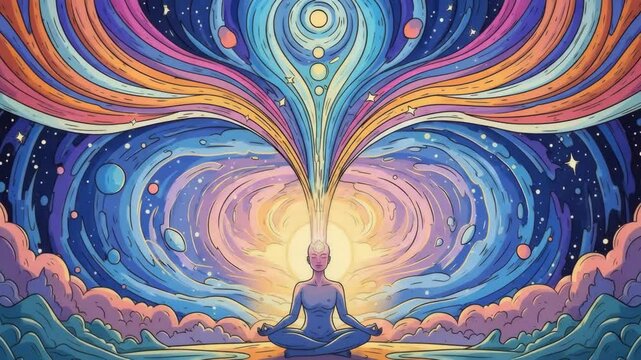 Surreal depiction of crown chakra energy flowing into the cosmos during a spiritual awakening journey