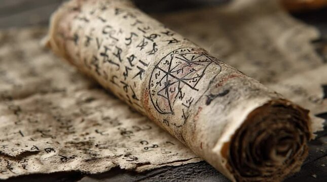 Close-up view of an aged paper scroll with a handwritten protection spell inscribed in intricate ink