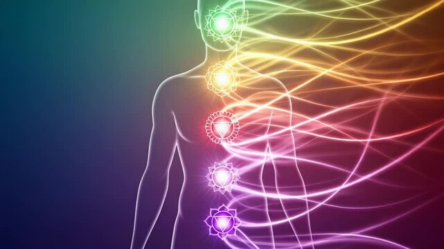 Glowing illustration of seven chakras aligned on a human silhouette with radiant energy flow representing spiritual balance and healing