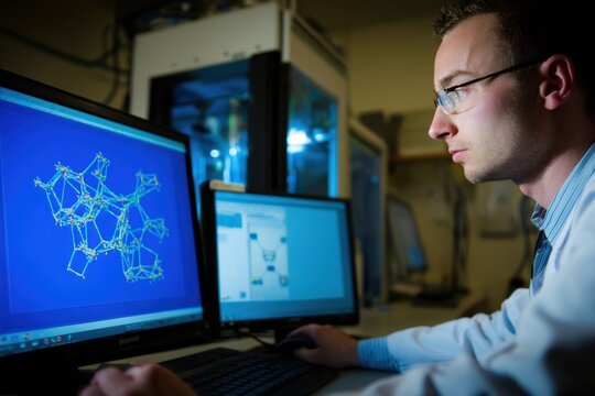 Scientist Analyzing Molecular Structure on Computer in Laboratory Setting.