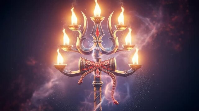 Stylized Hindu trishula radiating sacred flames amidst cosmic dust at twilight