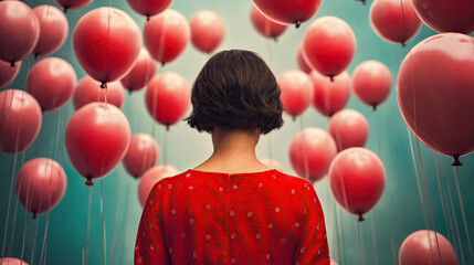 a person wearing a red dress from the back, standing against a background filled with red balloons.