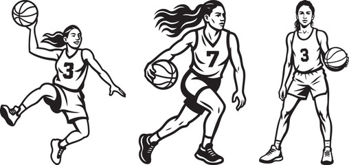 Female Basketball Players Dynamic Game Action Silhouette