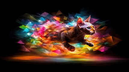 a vibrant, colorful abstract artwork featuring a cat in a dynamic, running pose. The background is dark, allowing the bright, multicolored geometric shapes and light effects to stand out.