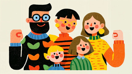 a colorful illustration of a family of five. The father has a beard and glasses, the mother has blonde hair, and the three children are wearing bright, patterned sweaters. The family is standing close