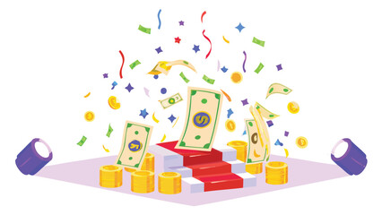 Illustration of a stage with money and confetti falling, illuminated by two spotlights on a white background