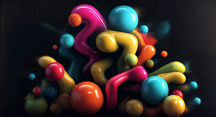 a vibrant, abstract composition of various colorful, glossy shapes and spheres against a dark background. The shapes appear to be floating and intermingling, creating a dynamic effect.