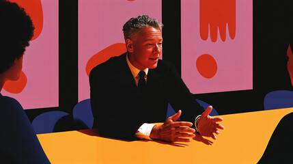 A person in a suit is sitting at a table with their hands gesturing, surrounded by colorful abstract art on the walls. The setting appears to be a modern, artistic space.