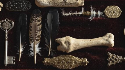 Close-up view of old keys, feathers, and bones arranged on rich velvet, showcasing unique ritual objects with historical significance