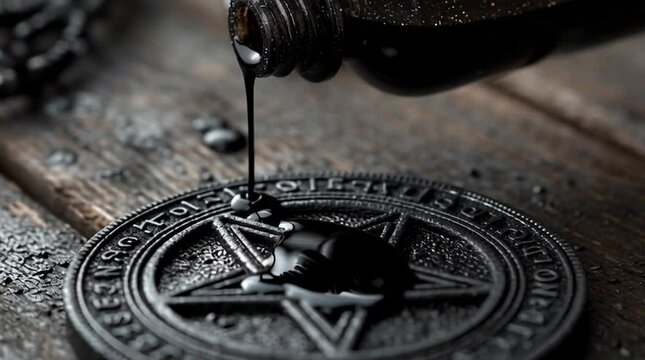 Close-up of ritual oil dripping onto a pentacle disc on a wooden surface during a mystical ceremony
