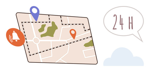 Map with pins indicates locations, bell icon notifies updates, and speech bubble highlights 24-hour accessibility. Ideal for navigation, logistics, planning, delivery, communication, notifications