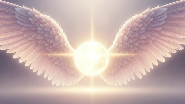 Enchanting display of angel wings cradling a radiant orb of divine light emanating ethereal tranquility