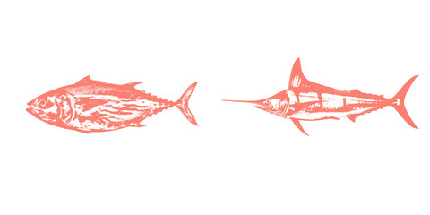 Retro Tuna and Swordfish Silhouettes for Seafood Art, Fishing Decor, Marine Design Clipart PNG

