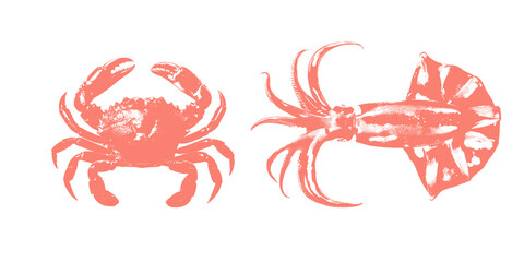 Vintage Coral Crab and Squid Silhouette Clipart for Seafood Design, Nautical Decor, PNG

