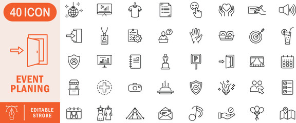 Event planning editable line icon set. event, planning, party, celebration, festival, conference, meeting, organizer, venue, schedule, coordination, booking, management, ceremony, invitation.