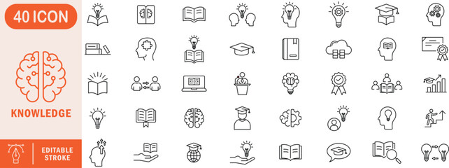Knowledge editable line icon set. knowledge, learning, education, study, book, idea, wisdom, research, school, student, brain, mind, science, training, teaching, library, knowledgebase.