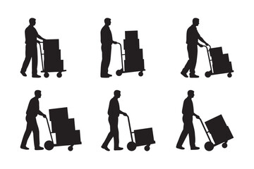 Delivery Person Carrying Boxes Hand Truck Vector Silhouette 