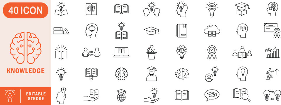 Knowledge editable line icon set. knowledge, learning, education, study, book, idea, wisdom, research, school, student, brain, mind, science, training, teaching, library, knowledgebase.