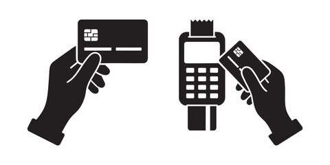 Hand Holding Credit Card with Payment Terminal Silhouette Vector Icon 