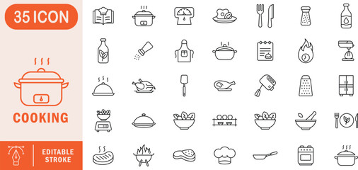 cooking editable line icon set. cooking, kitchen, food, chef, recipe, bake, grill, stove and more.
