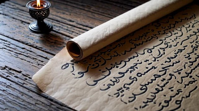 Ancient script on parchment displayed with candlelight in a rustic setting, evoking historical significance and craftsmanship