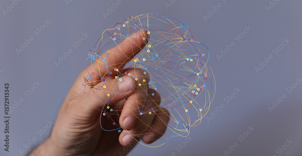 Poster Abstract image of a hand interacting with a complex network of interconnected nodes and lines.  Perfect for technology, data, or connection concepts.