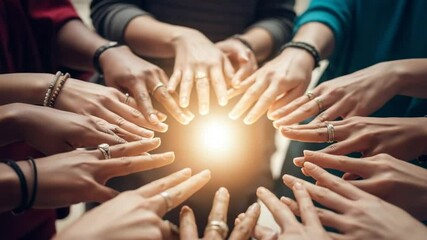 Hands unite to create a mandala shape with a radiant light at the center during a communal event