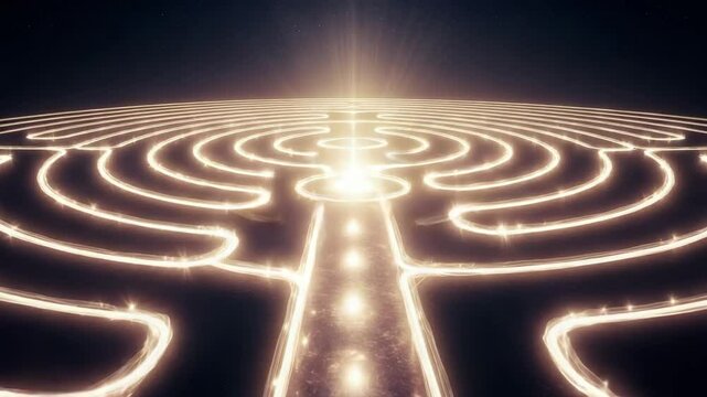 Sacred labyrinth of light forms a luminous path leading to enlightenment and spiritual awakening