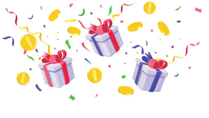 Illustration of three gift boxes with ribbons, confetti, and coins floating in the air celebration scene