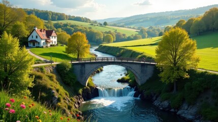 Serene Landscape Featuring a Picturesque Stone Arch Bridge Spanning a Cascading River, Adjacent to a Charming Country House Nestled Amidst Lush Green Rolling Hills