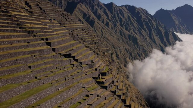 Spectacular view of ancient terraces in the Andes mountains of Peru on a clear day