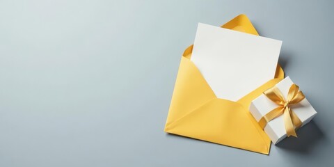 A blank card nestled inside a vibrant yellow envelope, accompanied by a small gift box adorned with a golden ribbon, rests on a serene gray surface.