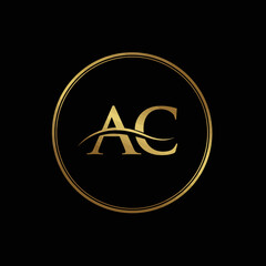 A sleek golden AC letter monogram logo design elegantly presented within a circular frame against a dark background, conveying luxury and sophistication.