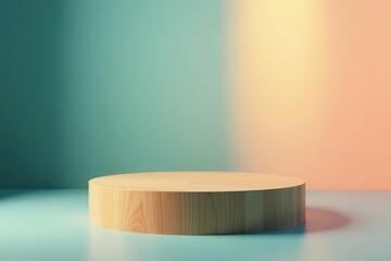 A simple wooden display platform against a teal and peach gradient background