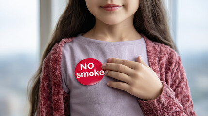Young Girl Wearing No Smoking Campaign Badge While Promoting Health Awareness by a Window