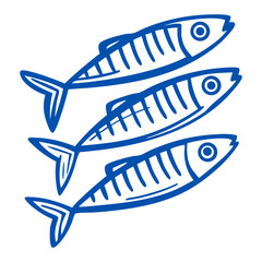 Three blue fish swimming together. Simple hand drawn seafood or fishing concept. Vector icon for menu, label, banner, packaging