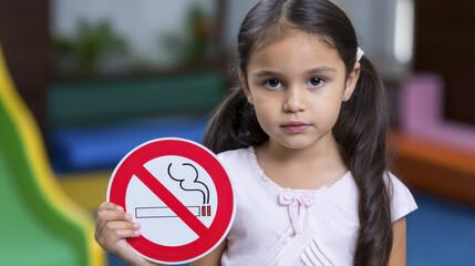 Young Girl Holding No Smoking Sign in Indoor Play Area Advocating for Health Awareness and Safety