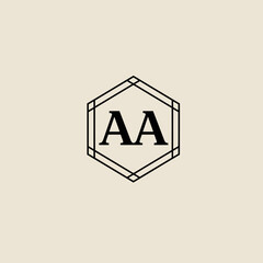 Elegant monogram logo design featuring the letters AA within a geometric hexagon frame, perfect for branding, wedding invitations, or sophisticated stationery projects.