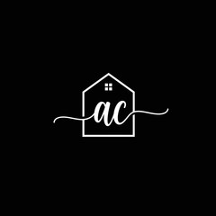 A modern white line art logo displays the elegant 'ac' letters in beautiful script typography, perfectly framed within a house outline on a stark black background.