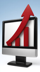 Computer Monitor Displaying Upward Trend Graph with Red Arrow Indicating Growth in Financial Performance