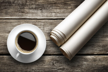 Cup of Hot Coffee Beside Two Rolls of Paper on a Rustic Wooden Table Surface
