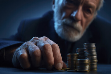 Elderly Man Contemplating Coins on Table While Analyzing Finances in a Dark Environment