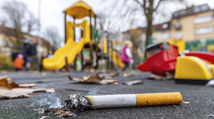 Discarded Cigarette in a Playground with Children Playing in an Urban Park During Autumn