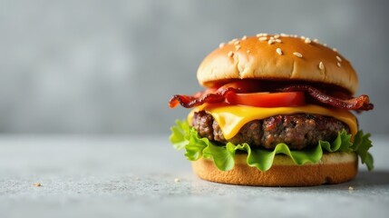 Appetizing bacon cheeseburger with lettuce and tomato on a sesame seed bun, a delectable fast food classic