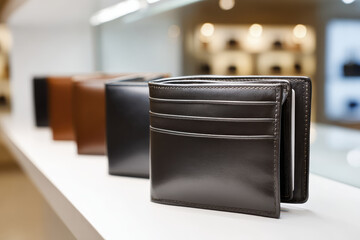 Elegant Collection of Leather Wallets in Various Colors Displayed on a Retail Counter