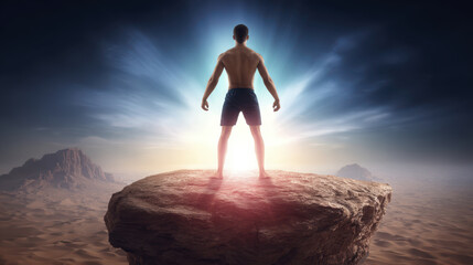 Man Standing on Rock Formation at Sunrise with Dramatic Light Rays in Serene Desert Landscape