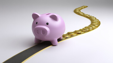 Piggy Bank on a Path of Golden Coins Representing Savings and Financial Journey Towards Wealth