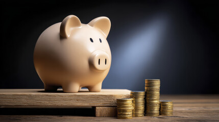 Piggy Bank Surrounded by Stacked Coins Representing Savings and Financial Growth in a Dark Atmosphere