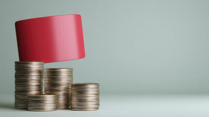 Red Observing Tube Above Stacked Coins Representing Financial Growth And Economic Stability