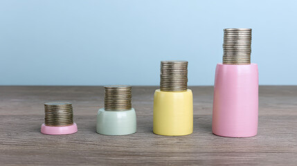 Stacked Coins in Pastel Colors Representing Financial Growth and Investment Strategy on Wooden Table Background